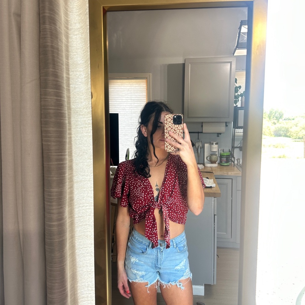 Polka Dot Tie-Front Blouse and Tattered Jean Shorts Set